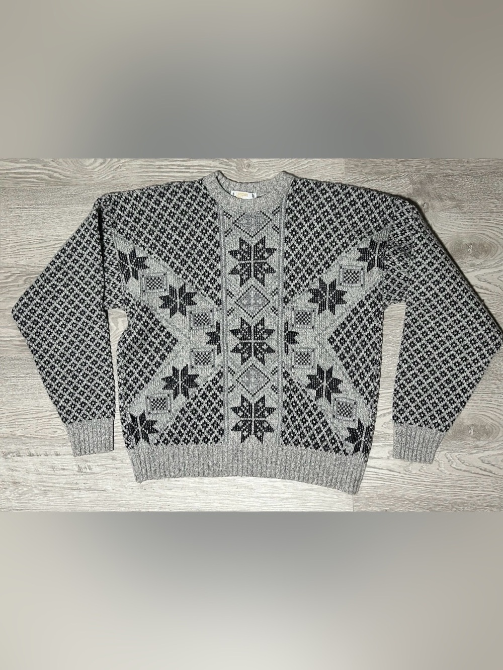 London Fog Grey and Black Nordic Knit Crewneck Sweater